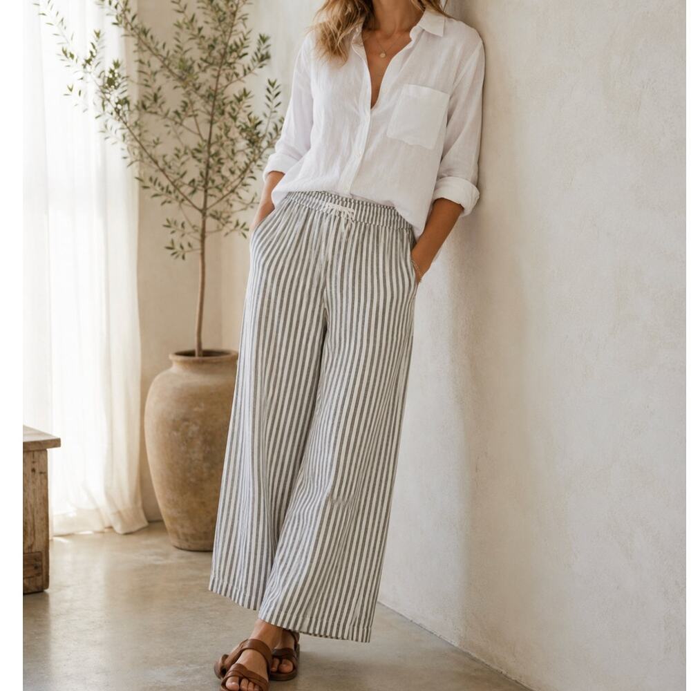 Caslon Linen Blend Wide Leg Pants Gray White Stripe Pull On Drawstring Coastal